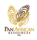 Pan African Resouces official brand logo with two gold swirling patterns and one brown swirling pattern projected onto a white background with "Pan African Resources PLC" written below it