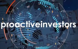 The text "proactive investors" is displayed above a clock with a globe inside it and an architectural blueprint behind that