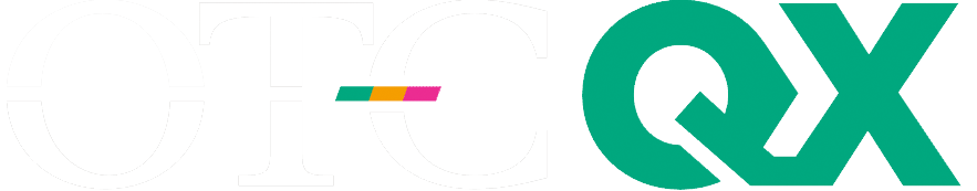 A grey block with the letters "OTC" in white on the left, amd QX in green on the right of it